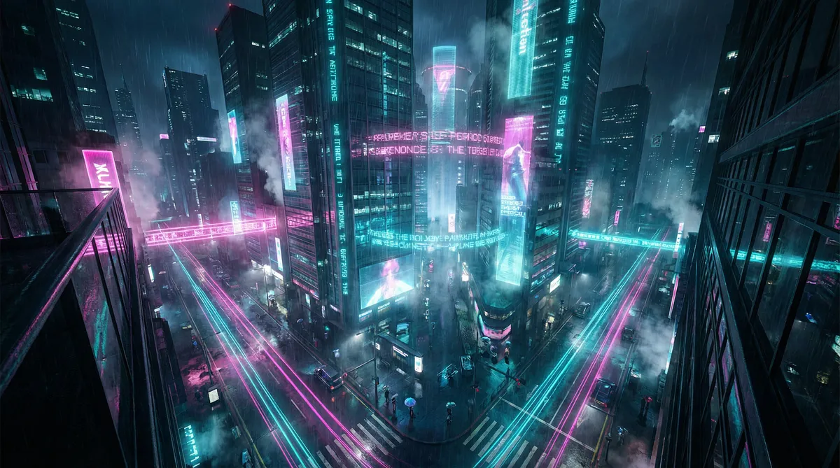 从开头黄到结尾的小说 竖屏短剧平台首页背景 - 赛博朋克都市夜景